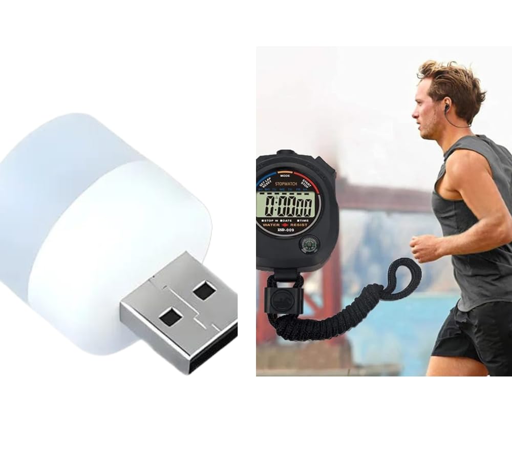 Combo of Multi-Purpose Waterproof Digital Sport Stopwatch with Compass Timer, Large Disp,Suitable for Sports Students and Portable Mini USB LED Light | LED Night Light | USB Plug N Play