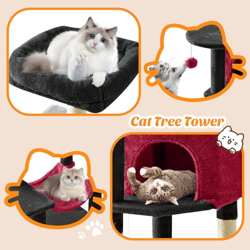 Image of Sweetcrispy 44 Inch Cat Tree Tower, Cat Climbing Tower with Natural Sisal Scratching Posts, Hammock, Pet Condo for Indoor Cats and Kittens Play, Black and Red