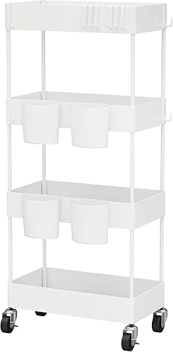 CAXXA Organizador de almacenamiento rodante de 4 niveles con 4 cestas pequeñas, carrito móvil con ruedas giratorias, color blanco