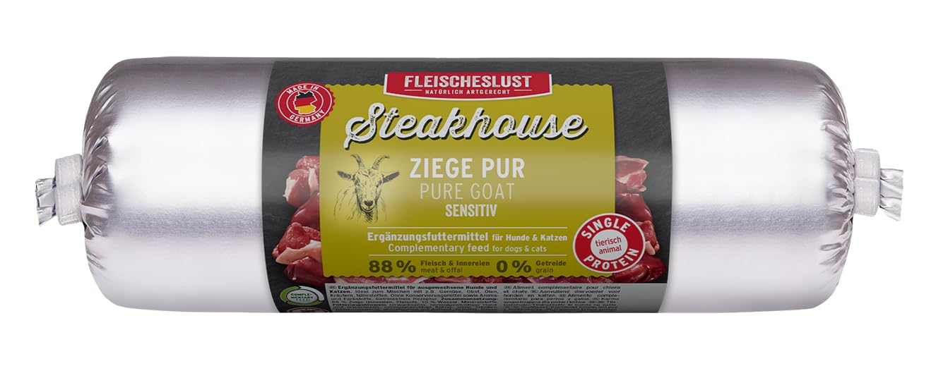 Steakhouse Ziege pur (12x500g), Nassfutter für Hunde & Katzen, sensitives Ergänzungsfutter, Monoprotein, getreidefrei, 14x Wurst von Fleischeslust