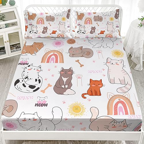 AILONEN Cat Fitted Sheet Set Twin XL Size, Cartoon Cat Bed Sheet Set,Cat Paw Printed Sheets Set for Kids Girls,Rainbow Cat Pattern Bedsheet Set 3 Pieces, 1 Fitted Sheet and 2 Pillowcases