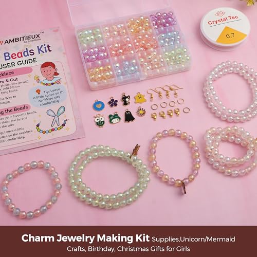 Image of Ambitieux DIY Bracelet Making Kit for Girls - 12 Types Colorful Beads with Charms, Elastic Thread, Earrings, Clasps & Rings - Jewellery Craft Kit for Kids, Birthday Return Gift, Rakhi Special Set for 2 3 4 5 6 7 8 9 10 years (8 and 10 mm metallic)