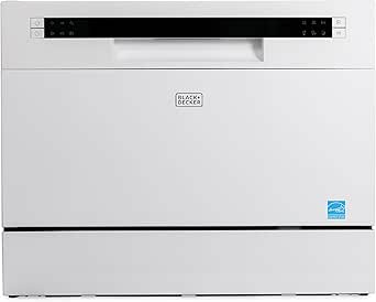 BLACK+DECKER Countertop Dishwasher, Counter Dishwasher with 6 Wash Programs, 6-Place Setting Capacity, Stainless Steel Interior, ENERGY STAR Certified, BCD6SD, White