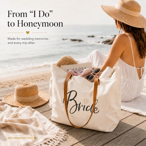Image of ELEGANTPARK Bride Gifts Bride Tote Bag and Bride Vibes Pouch Set - Large Canvas Wedding Bag with Zipper - Bachelorette Party Bridal Shower Gift, Honeymoon Beach Travel Bag