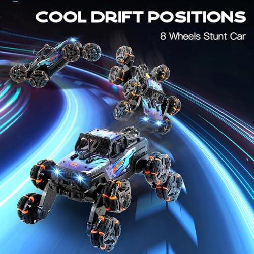 Image of VikriDA 8 Wheel Remote Control Car with Lights, Music & 360 Rotation - Hand Control RC Vehicle Toy for Kids & Adults - Black