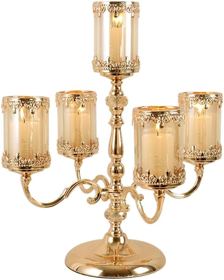 Candelabra Decorative Candle Holders 5 Arms Candelabra Metal Candle Stand with Glass Candle Cup Vintage Candle Holders(Gold), Size