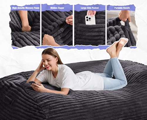 Image of Hobestluk 6FT Bean Bag Chairs Adult Bean Bag with Portable Handle Comfy Large Bean Bag Lounge Chair with Removable Cover for Living Room Bedroom (Stripe Dark Grey, 6FT)
