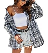 Korebow Oversized Flannels Plaid Shirts for Women Buffalo Plaid Long Sleeve Button Down Shirts Bl...