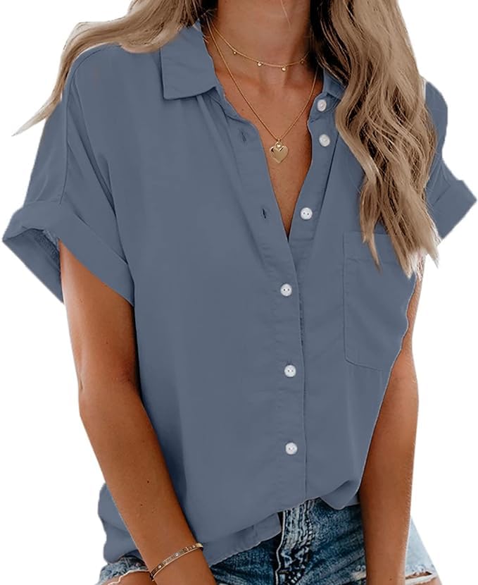 Beautife Womens Short Sleeve Shirts V Neck Collared Button Down Shirt Tops with Pockets Blue Grey