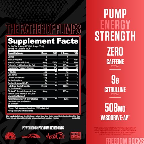Image of RYSE Pump Daddy V2 Pre Workout Powder - Noel Deyzel Signature - Freedom Rocks - Non-Stim Supplement with Citrulline, Creatine and Beta Alanine for Pumps, Endurance and Strength - 40 Servings