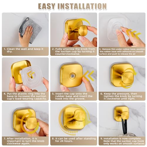 Image of Suction Cup Hooks for Shower - Resuable Bathroom Hooks for Towels, Robes & Loofah - No-Drill Mounting on Kitchen,Walls,Metal,Glass,Mirrors,Tile & Smooth Non-Porous Surfaces (2, Brushed Gold)