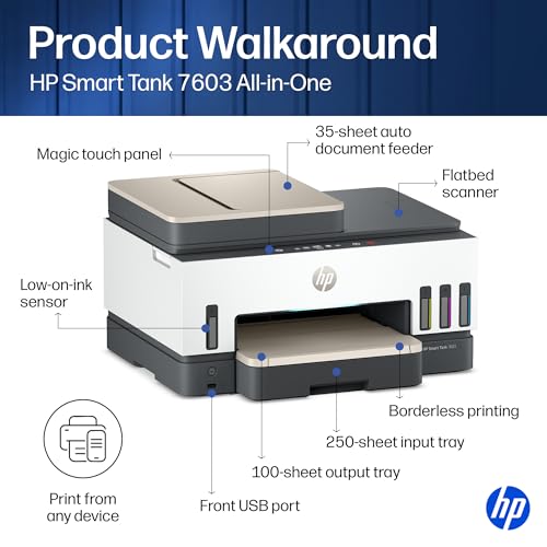 Image of HP Smart Tank 7603 Wireless All-in-One Ink Tank Printer, Scanner, Fax, Copier with up to 3 Years of Ink Included, Best-for-Home Office, Cartridge-Free Refillable, AI-Capable (9B5D1A)