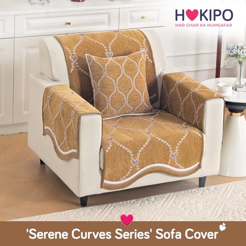 Image of HOKIPO Complete (Seat+Back+Arm) Sofa Mat Set for 1 Seater Sofa |Premium Chenille Sofa Covers with Curve Edges, 'Serene Curves Series' - Love Trails (IN-993+1002+1001 * 2 - D2)