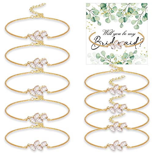 10 Sets Bridesmaid Gifts Leaf Bridesmaid Bracelets with Gifts Cards Tiny Zirconia Leaf Adjustable Bridal Crystal Bracelet for Women