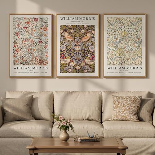 Large Framed William Morris Strawberry Thief Canvas Wall Art, Set of 3