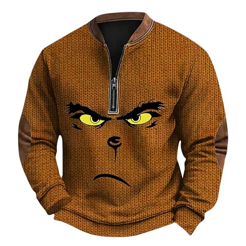 ZXCTKA Ugly Christmas Sweater Matching Couple,Ugly Christmas Sweater Men Funny Graphic Printed Sweatshirts Long Sleeve Quarter Zip Pullover Knit Xmas Sweaters(Small,Browns)