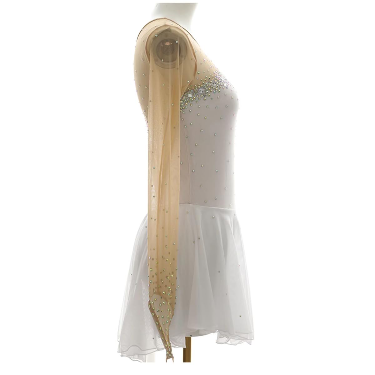 purpleq Damen Eiskunstlauf Kleid Kinder Mädchen Weiß Lange Ärmel Handgefertigter Eislauf Performance Rock Strass Patchwork Kürkleid Kurz Tanzanzug Wettbewerb Tanzkostüm