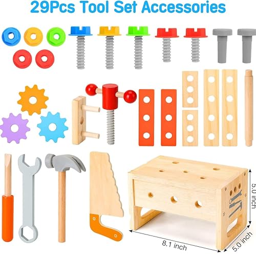 Image of Wooden Tool Kit for Kids | Pretend Play Construction Toy Set | STEM Educational Mechanic Set for Boys and Girls (Ages 3-8) (Tool Bench)
