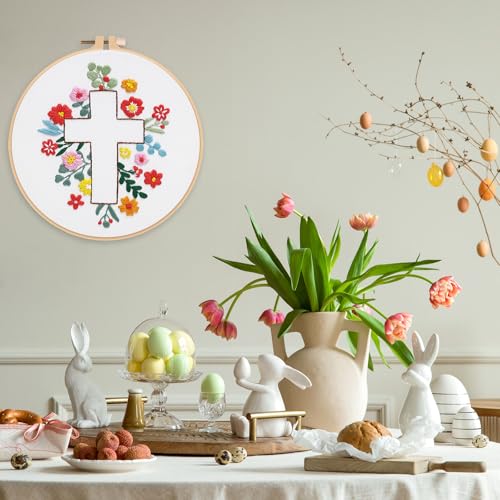 Image of Louise Maelys Cross Embroidery Kit for Beginner(Easter Jesus) | Cross Embroidery Starter Kit With Stamped Fabric, Hoop, Threads, Needles And Instructions For Adults,Easy Needlepoint,Gifts