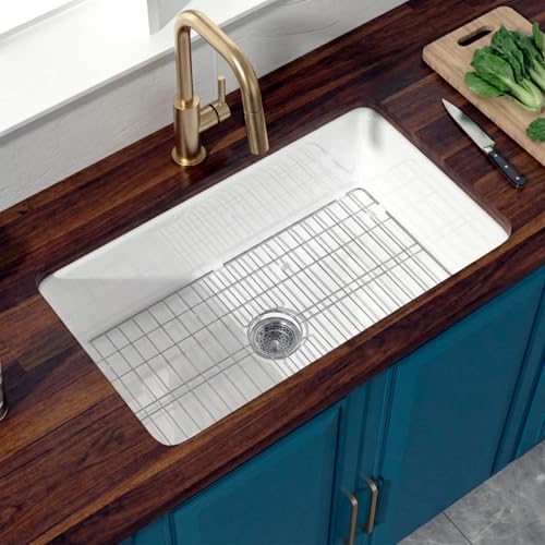 HOMLYLINK Undermount Kitchen Sink White 32 x 19 Inch, Fireclay Topmount Sink Drop In Single Bowl, with Custom Accessory 2 Types, Dual Mount, for Kitchen, Pure White