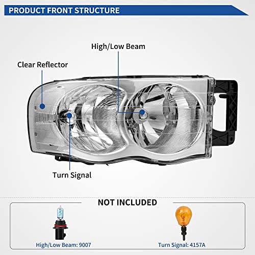 Image of OEDRO Halogen Headlights Assembly Compatible with 2002 2003 2004 2005 Dodge Ram 1500 /2003 2004 2005 Ram 2500 3500 Headlamp Replacement Pair Chrome Housing Clear Reflector Clear Lens
