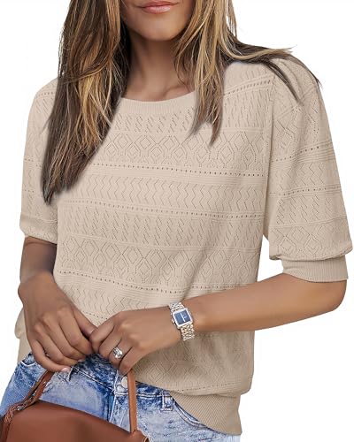 Messic Womens Short Sleeve Sweaters 2025 Summer Casual Crewneck Pullover Tops
