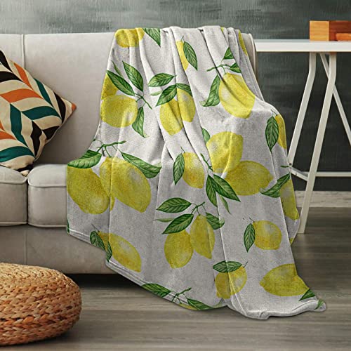Fleece Throw Blankets For Couch,Farmhouse Watercolor Yellow Lemon Soft Flannel Bed Throws,50X80In Lightweight Cozy Sofa Blankets,Fruit And Green Leaf On Burlap Fluffy Warm Blanket For Home Decor #TOP4