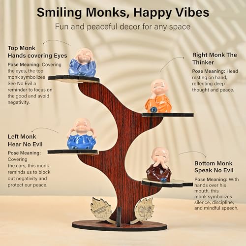 Image of HindCraft Decorative Buddha Monk Figurines Set of 4 with Tree and Wooden Base | Baby Monks for Meditation & Calm Home Decor