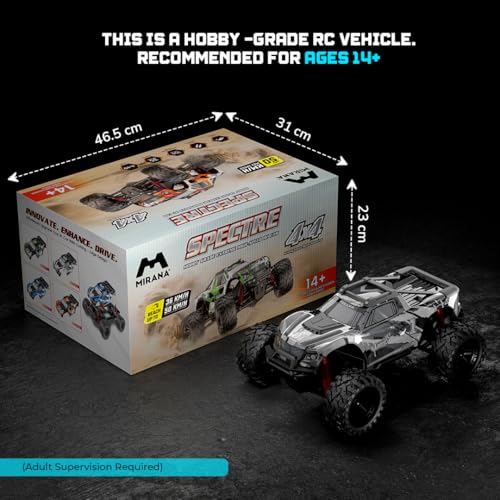 Image of Mirana Spectre 1:10 High Speed Hobby Grade RC Car Toy for Kids & Adults up to 50 kmph - 4x4 Remote Control Offroad Monster Truck ATV - 2 & 3 Pack Rechargeable Batteries - for Ages 14+ Years (Silver)
