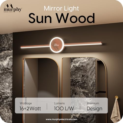 Image of Murphy 16W+2W LED Mirror Light | 3 Color Changing (White /Warm /Natural) | Wooden Finish - Sun Design, Modern Over Mirror Bathroom /Dressing Table Light | Pack of 2 | 2-Year Warranty