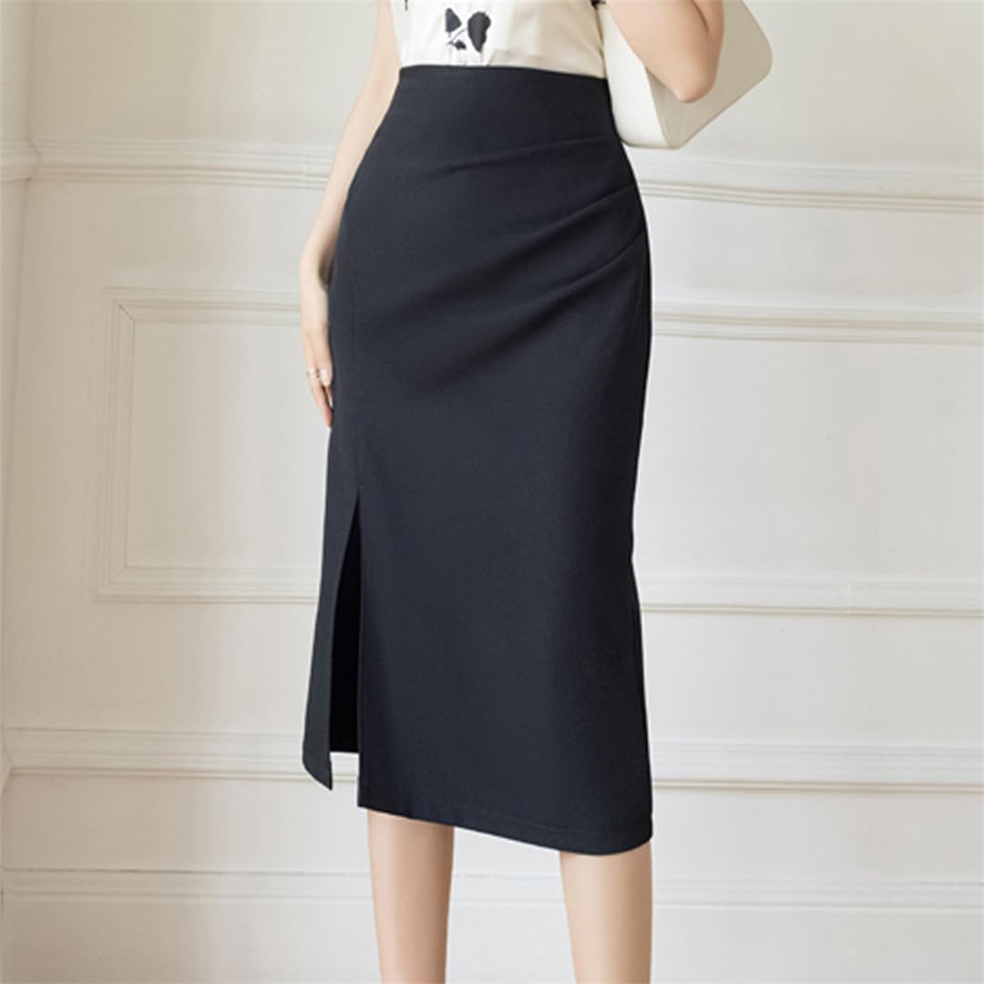 Hcclijo Faldas Rectas OL Formales De Oficina para Mujer Elegantes Pliegues Cintura Alta Dividida Paquete De Caderas Faldas Midi