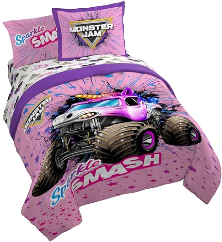 Image of Monster Jam Queen Comforter Set 7 Piece Kids Bedding for Girls, Pink | Sparkle Smash, Bed in a Bag, Comforter Sheets Shams Pillowcases, Soft Microfiber, Machine Washable, Girls Gift