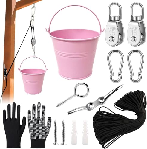 Flaschenzug mit Metalleimer,Zubehör fürs Baumhaus Spielturm,Spielturm Zubeh,ZubehöR Spielhaus Outdoor,Riemenscheibensystem Zubehör,iemenscheibe mit eimerkabel,Gartenspielzeug