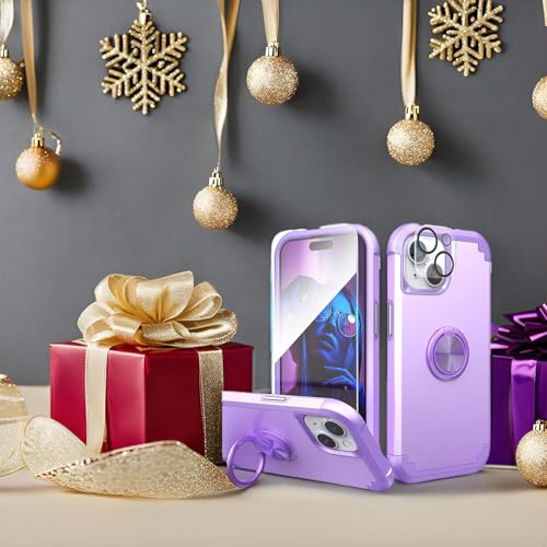 IDweel for iPhone 14 Case with Screen Protector + 360°Ring Holder Stand + Camera Lens Protector,2 in 1 Shockproof Slim Fit Hybrid Heavy Duty Hard PC Cover Soft Silicone Bumper Full Body Case,Purple