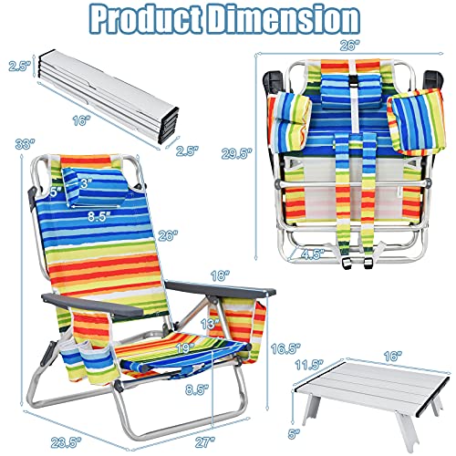 Image of Giantex Folding Beach Chair, Patio Sling Chairs with 5 Adjustable Position, Head Pillow, Storage Bag, Towel Bar, Cup Holders, Backpack Chairs for Sunbathing, Camping Chair