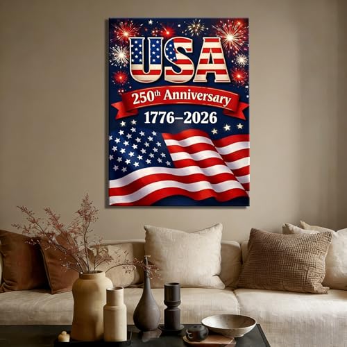 Image of USA 250th Anniversary 1776-2026 Canvas Wall Decor, Patriotic Fireworks American Flag Wall Art, Independence Day Framed Canvas Prints for Home & Holiday Decoration, Made in USA