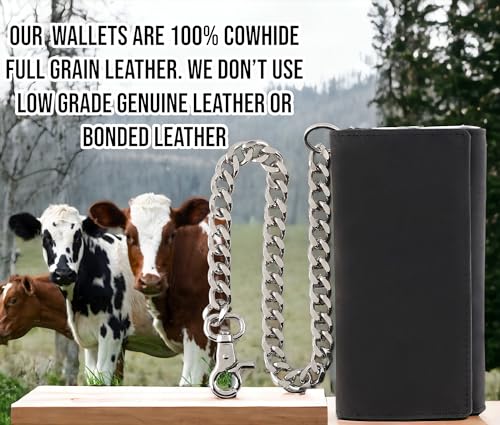 Image of F&L CLASSIC RFID Blocking Mens Tri-fold Long Style Cowhide Leather Steel Chain Wallet,buffalo premium black leather,212-60