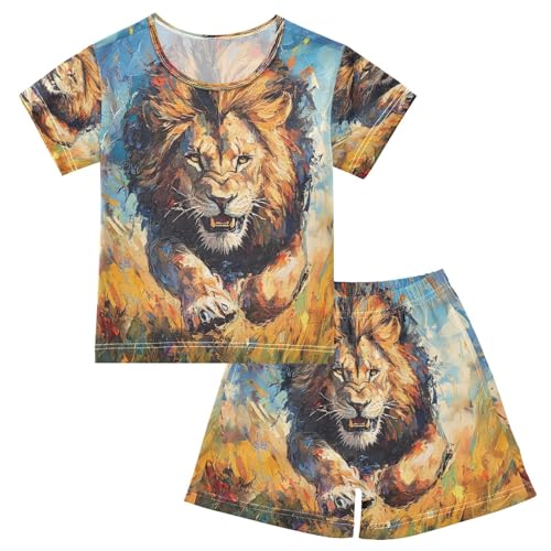 ALAZA Lion Watercolor Oil Painting Pajamas Set Short Sleeve Cotton Sleepwear Summer Pjs 2 Piece 5-14Y