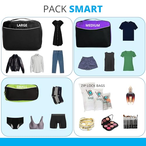 bago 8 Pcs Packing Cubes for Travel - 5 Travel Packing Cubes for Suitcases with 3 ZipLock Bags, Luggage Organizer Bags to Get Maximum Storage, Save Time & Effort to Pack (Black Blue Purple Green Pink)4