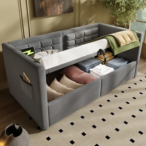 OKMYHOME Lit Banquette 90x190 cm - Lit avec Coffre Hydraulique et Rangement, Station de Recharge USB et Type-C, Velours, sans Matelas, Gris