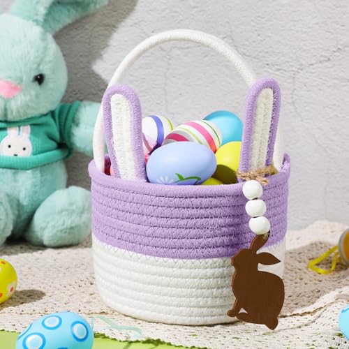 Image of SiliFine 4 Set Easter Baskets Easter Bunny Basket with Name Tag Rabbit Ear Easter Stuffer Basket Rustic Woven Round Storage for Kid Girl and Boy Gift Baby Shower Party Decoration Supplies