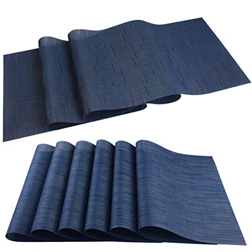 pigchcy Elegant Placemats with Matching Table Runner,Washable Vinyl Woven Table Mats Sets(6pcs Placemats+1pcs Table Runner,Same Style,Navy Blue)