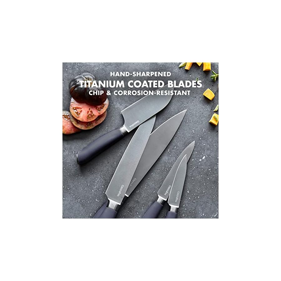 GreenPan-Titanium-15-Piece-Knife-Block-Set-Titanium-Coated-Stainless-Steel-Eco-friendly-Ergonomic-Grip-Slip-Resistant-Balanced-Heat-Treated-Hand-Sharpened-Dishwasher-Safe GreenPan Titanium 15-Piece Knife Block Set, Titanium Coated, Stainless Steel, Eco-friendly, Ergonomic Grip, Slip Resistant, Balanced, Heat Treated, Hand Sharpened, Dishwasher Safe