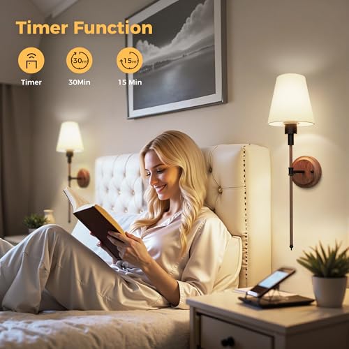 Image of DORESshop Battery Operated Wall Sconce Set of 2, Wireless Wall Light Easy to Install, 7 Color Rechargeable Wall Sconces, Sconce Wall Decor Set of 2 for Bedroom, Living Room, Black and Wood, 24.6in