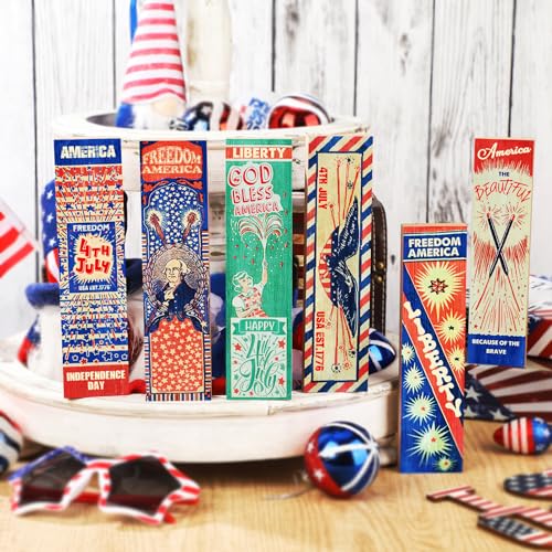 Juexica 6 Pcs 250th Anniversary 4th of July Table Decor Patriotic Firework Tiered Tray Decor Rustic Memorial Day Wooden Table Sign Independence Day Block Centerpieces for Home Party Desk Supplies