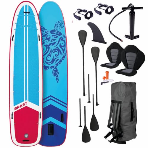 BRAST SUP Board Family | Aufblasbares Stand up Paddle Set XXL | 370x87x15cm bis 250kg | 7 Designs | inkl. Zubehör 2X Kajak-Sitz 2X Fußschlaufe 2X Paddel Pumpe Rucksack | Turtle