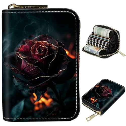 Image of Cute Credit Card Holder with Zipper, Burning Rose RFID-Blocking Card Case Small Wallet for Women Men, Multi-slot Card Organizer Case Travel Accordion Wallet