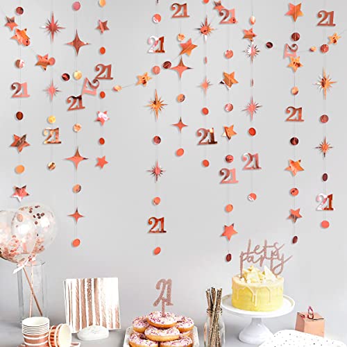Image of Rose Gold Number 21 Circle Dot Twinkle Star Garland Kit Metallic Hanging Streamer Bunting Banner Backdrop Decoration for Girls 21st Birthday Finally Legal Twenty One Anniversary Wedding Party Supplies