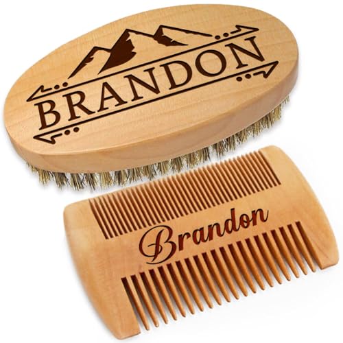 Personalized Name Beard Comb & Beard Brush Set for Men - w/Velvet Travel Pouch and Gift Box