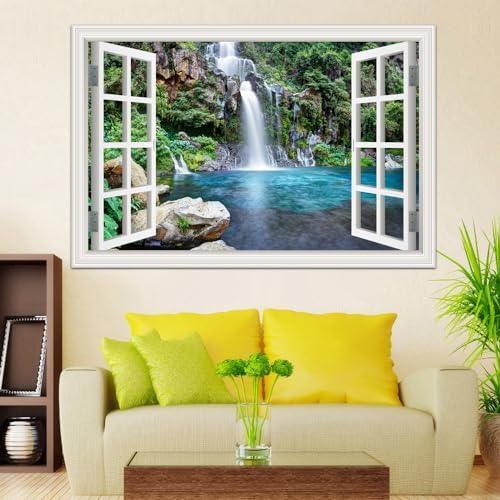 Removable Wall Murals Peel and Stick Waterfall Window Scenes 3D Wall Sticker Vinyl Wallpaper Decorations for Bathroom Home Decor Art Wall Decals for Bedroom Basement Living Room Decor - 32"x48" - 3